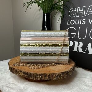 Kurt Geiger Party Envelope Acrylic Metallic Striped Clutch with Chain